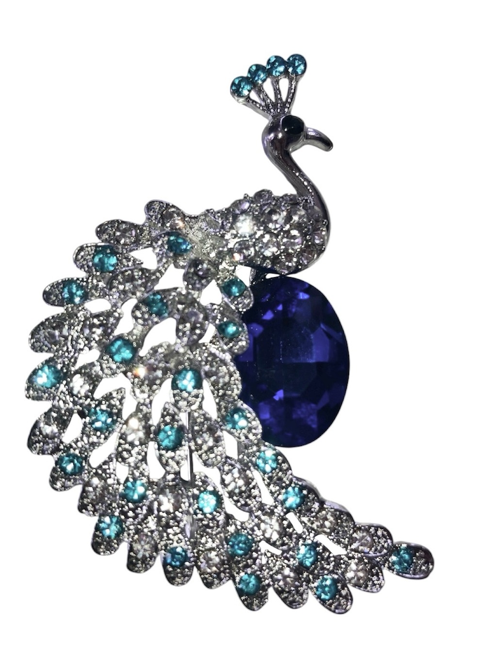 New gorgeous 2” Peacock broach silver with sapphire blue teal crystals